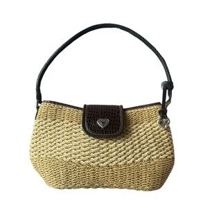 Brighton Straw Woven Vintage Shoulder Purse 90s Brown Leather Silver Heart Charm